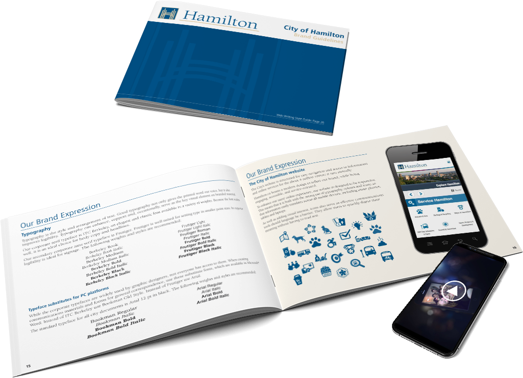 City Of Hamilton Brand Standards Document And Smartphone - Wide Eyed Communications (1024x757), Png Download