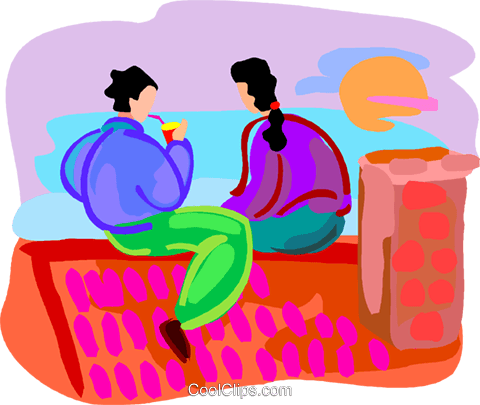 Two People Sitting On The Roof Top Royalty Free Vector - Two People Sitting On A Roof (480x405), Png Download