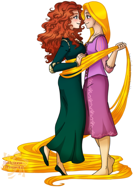 Tumblr Mhab2wkjwm1r2iz18o1 500 - Rapunzel And Merida Kiss (500x708), Png Download