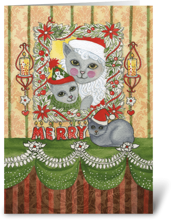 Vintage Merry Christmas Santa Cat Greeting Card - Vintage Weihnachtssankt-katze Mit Kätzchen Karte (700x792), Png Download