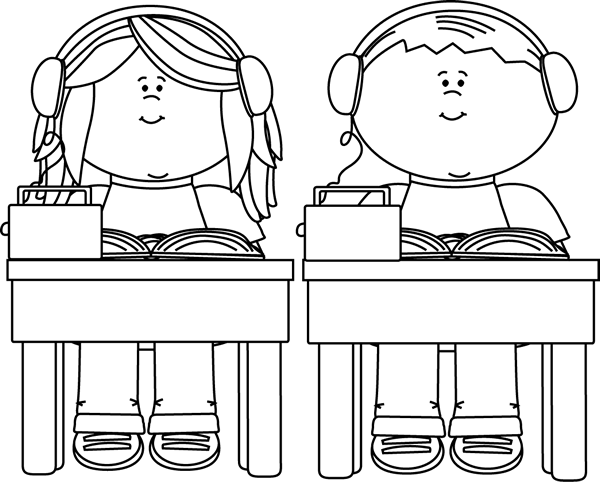Download Kid On Computer Black And White Clipart Child - Listening Center Clipart Black And White (600x482), Png Download
