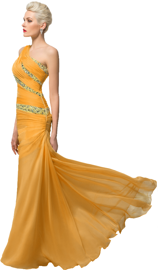 Femme Robe Jaune - Femme En Robe Jaune Png (575x986), Png Download