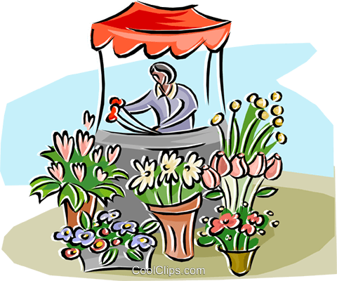 Flower Stand With A Woman Selling Flowers Royalty Free - Illustration (480x400), Png Download