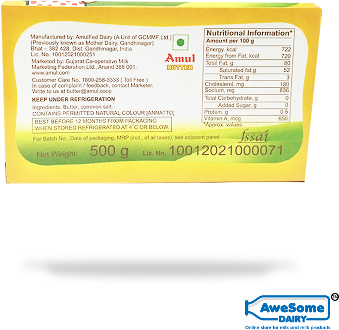 Awesome Dairy Amul Pasteurised Butter 100gm Image 3 - Label (800x800), Png Download