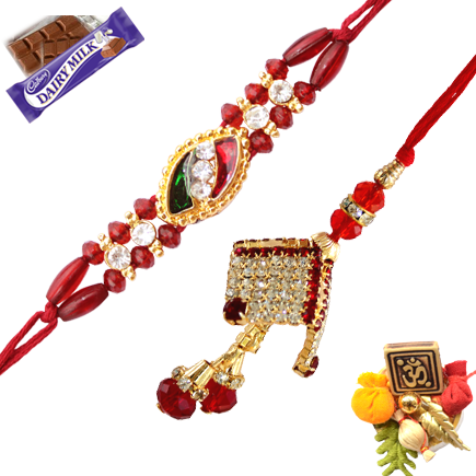 Duzzling Diamonds Lumba With Red Beads Bhaiya Rakhi - Bead (435x435), Png Download