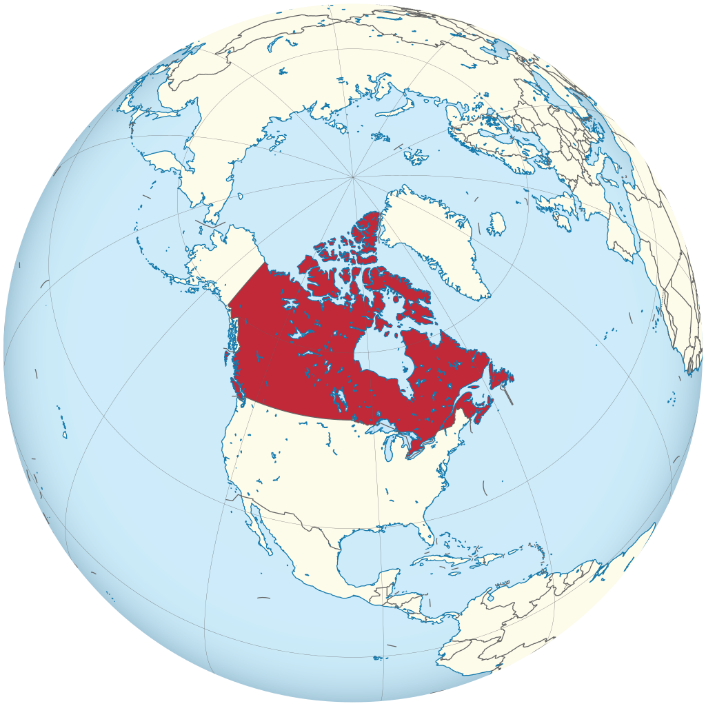 A Map Of The Globe Features Canada In Red At The Center - Canada On The Globe (1024x1024), Png Download
