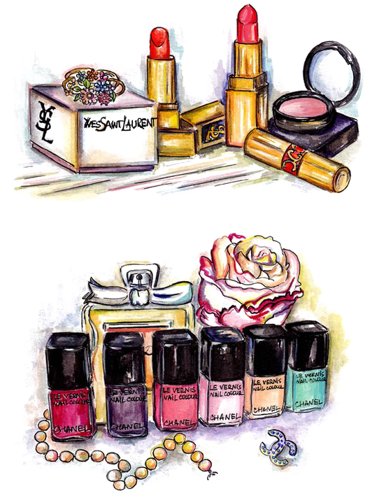 Cosmetics Drawing Watercolor Painting Lipstick Illustration - Make Up Product Drawings (564x795), Png Download