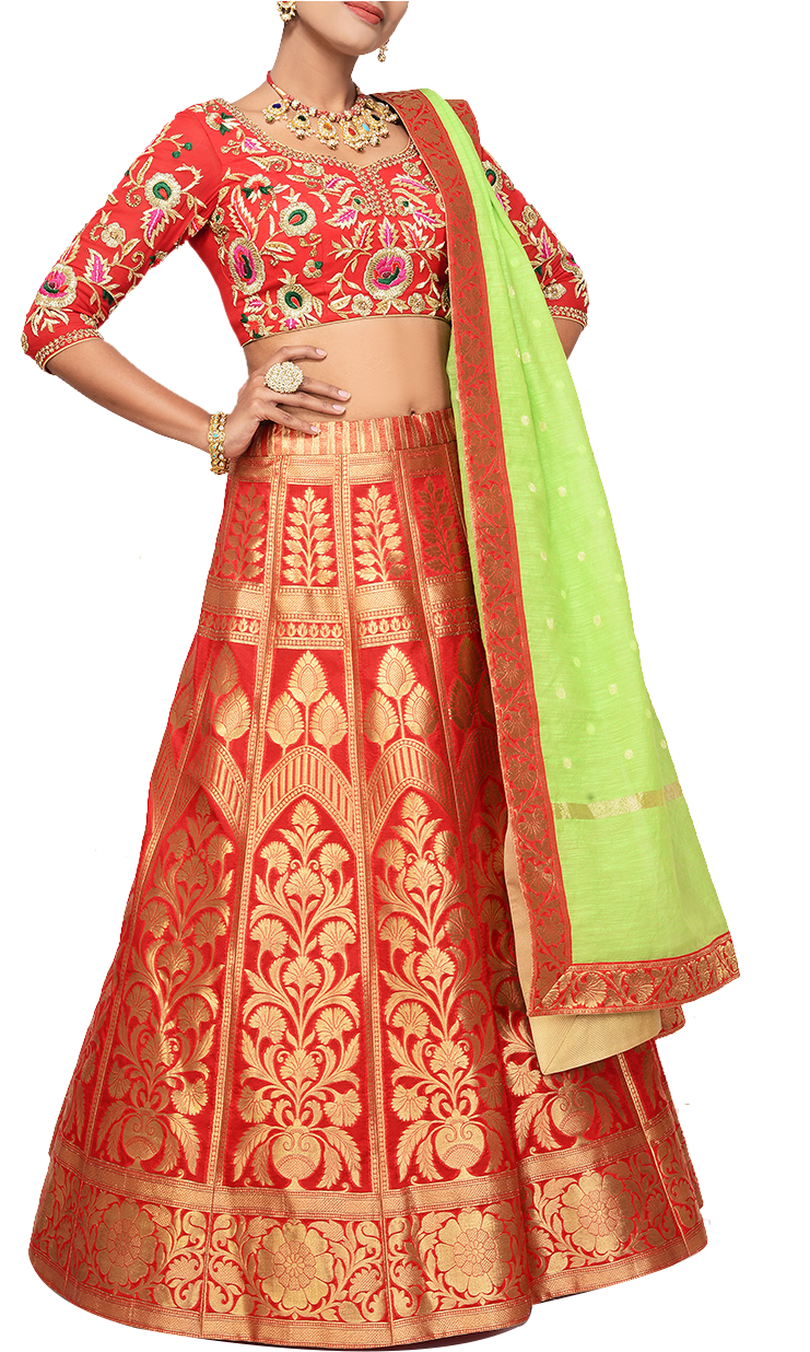 Banarasi Red Lehenga With Green Dupatta - Defence Colony (1000x1288), Png Download