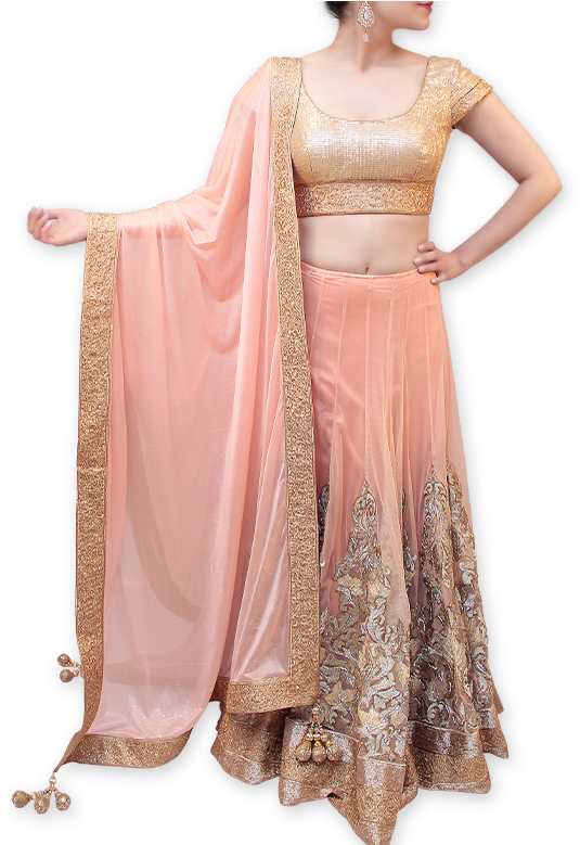 Peach And Gold Bridal Lehenga - Lehenga (600x778), Png Download