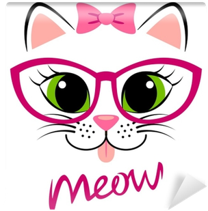 Cute White Kitten With Pink Bow And Glasses - Estampado De Gatitos Niña (400x400), Png Download