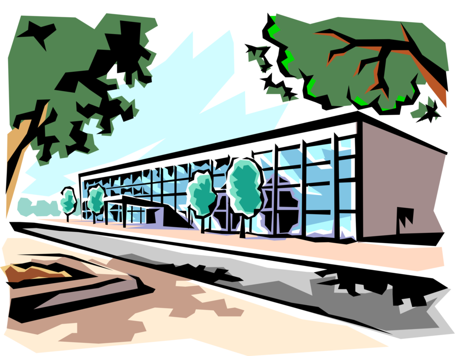 Vector Illustration Of Urban Office Building With Trees - Office Building Clip Art (908x700), Png Download
