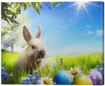 Art Little Easter Bunny And Easter Eggs On Green Grass - Easter Bunny Pillow Case (400x400), Png Download