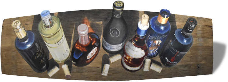 Okanagan Wine Art, Wine Bottles Painted On Wine Barrel - Wine (800x306), Png Download