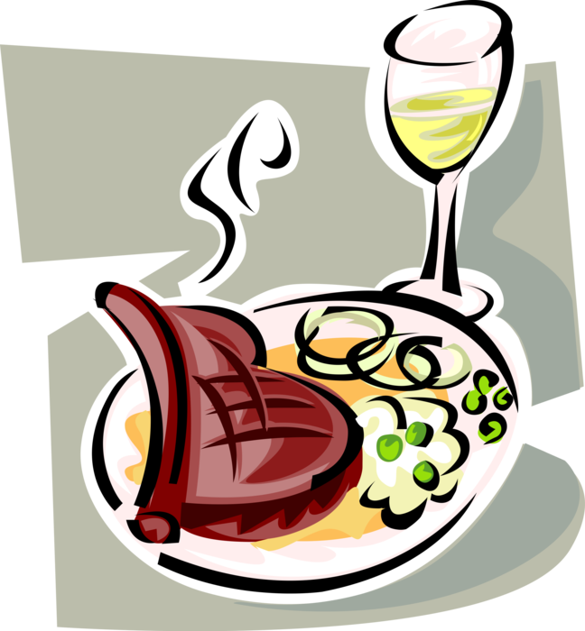 Roast Beef Meal And Wine Royalty Free Vector Clip Art - Steak And Wine Clip Art (440x480), Png Download