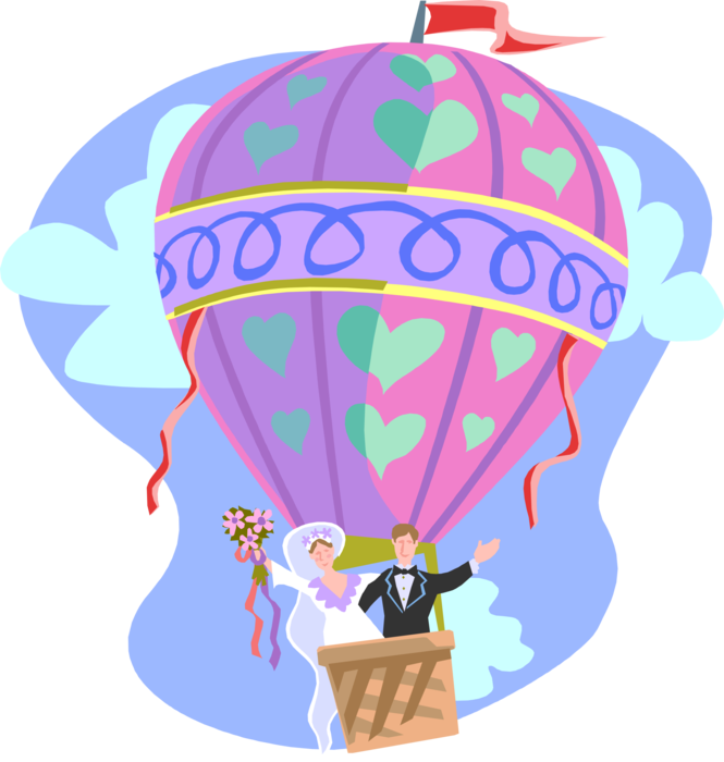 Vector Illustration Of Wedding Day Newlywed Bride And - Hot Air Balloon Clip Art (665x700), Png Download