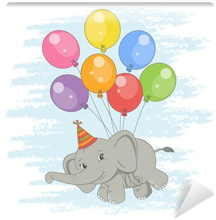 Illustration Of Cute Flying Elephant On A Balloons - Geschenk-aufkleber Rund Happy Birthday Mit Elefant (400x400), Png Download