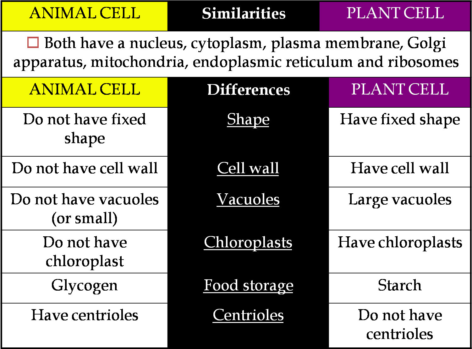 Tabulation Of Plant And Animal Cell (1518x1130), Png Download