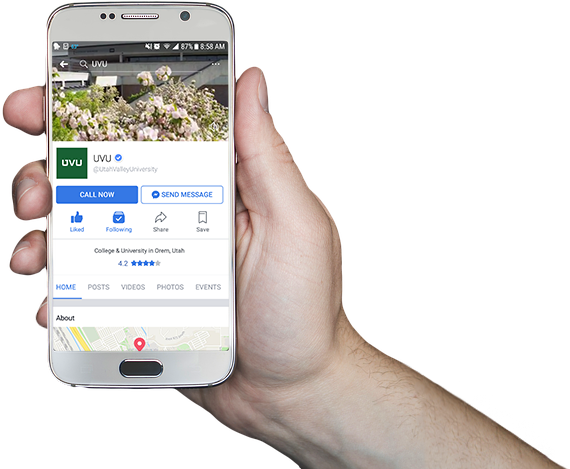 Hand Holding Smartphone - Utah Valley University (570x469), Png Download