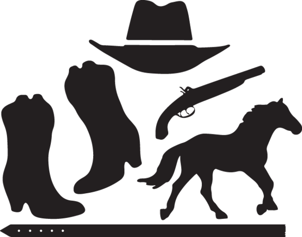 Western Boots, Hat, Gun And Horse - Fjord Silhouette (600x471), Png Download