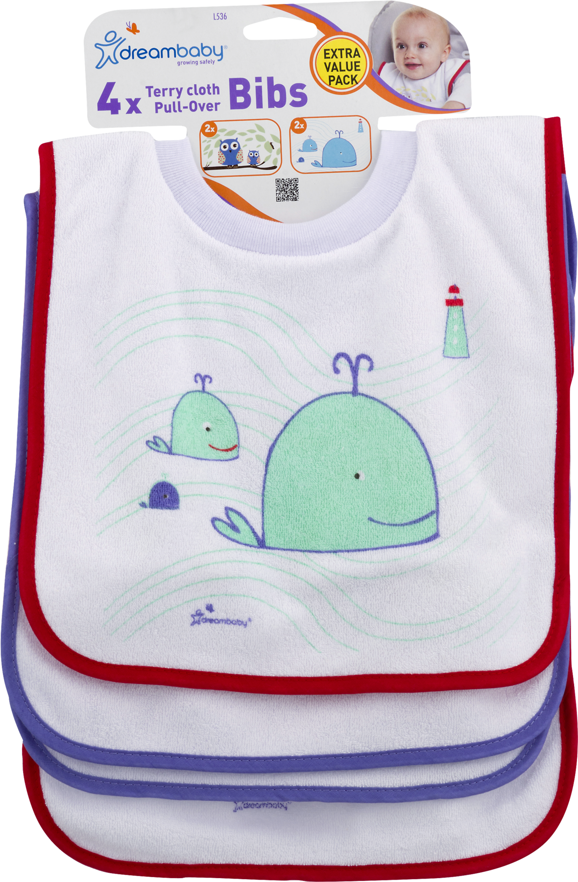 Dreambaby Terry Cloth Pull-over Bibs Owl & Whale Print, - Dreambaby Pullover Bibs - 4 Pack, White (1800x1800), Png Download