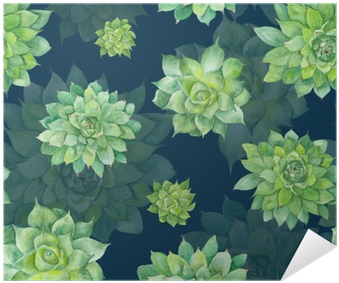 Watercolor Succulent Pattern On Blue Background Poster - Gallery Direct Watercolor Succulent Pattern By Kisika (400x400), Png Download