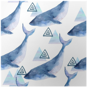 Watercolor Seamless Pattern With Whale And Geometrical - Watercolor Painting (400x400), Png Download
