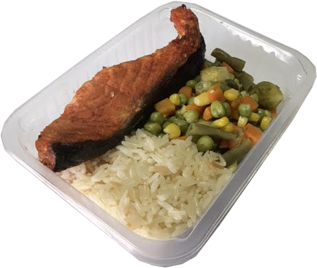 Salmon, Brown Rice, Mixed Vegetables - White Rice (461x389), Png Download