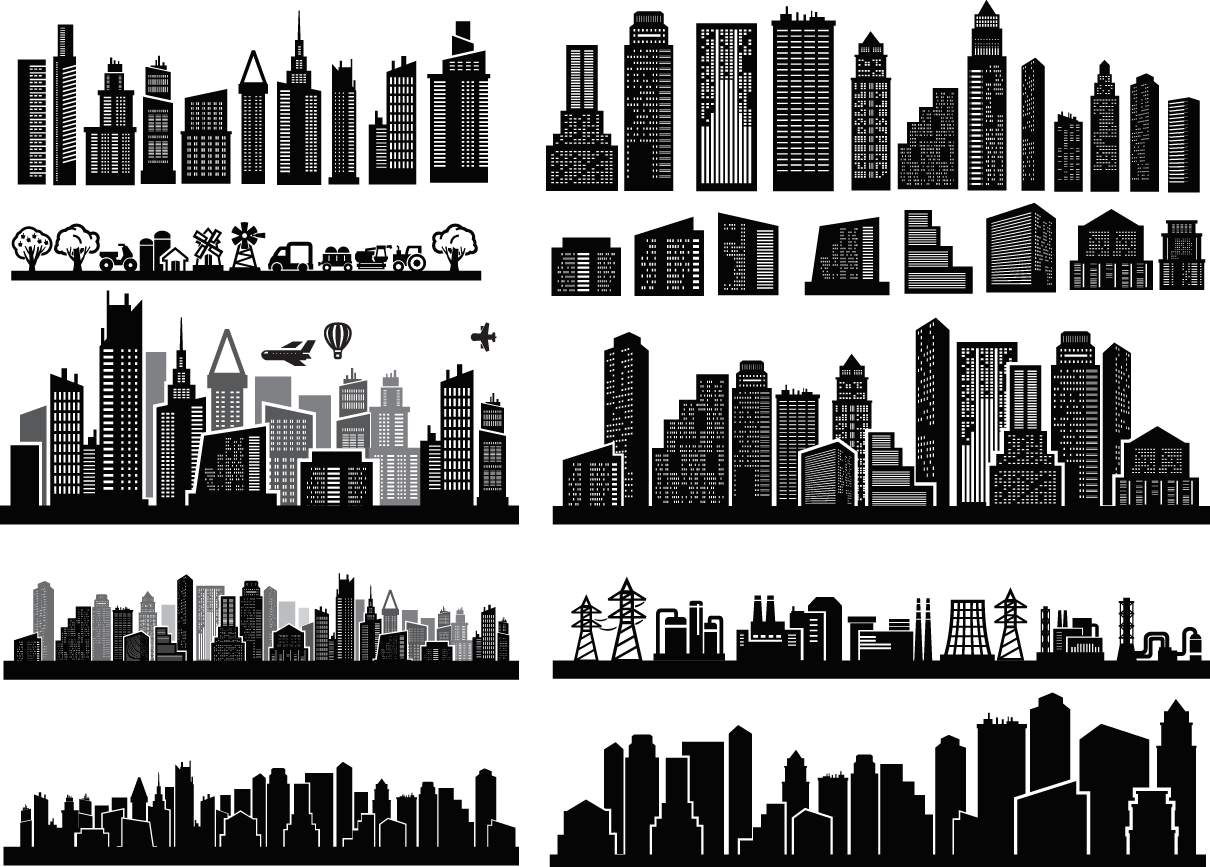City Skyscrapers Silhouette Set - City Lights (1210x867), Png Download