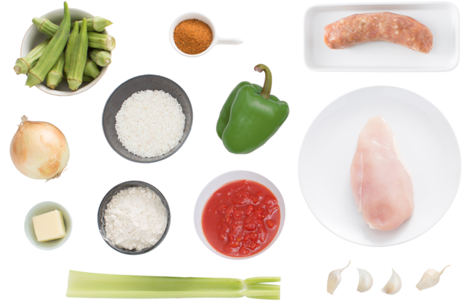 Chicken Gumbo With Sausage And Okra - Gumbo Ingredients (700x477), Png Download
