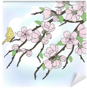 Beautiful Vector Sakura Branch With Flowers On Sky - Vector Graphics (400x400), Png Download