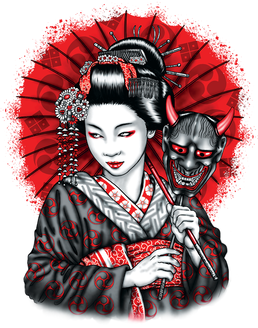 Geisha With Oni Mask (675x675), Png Download