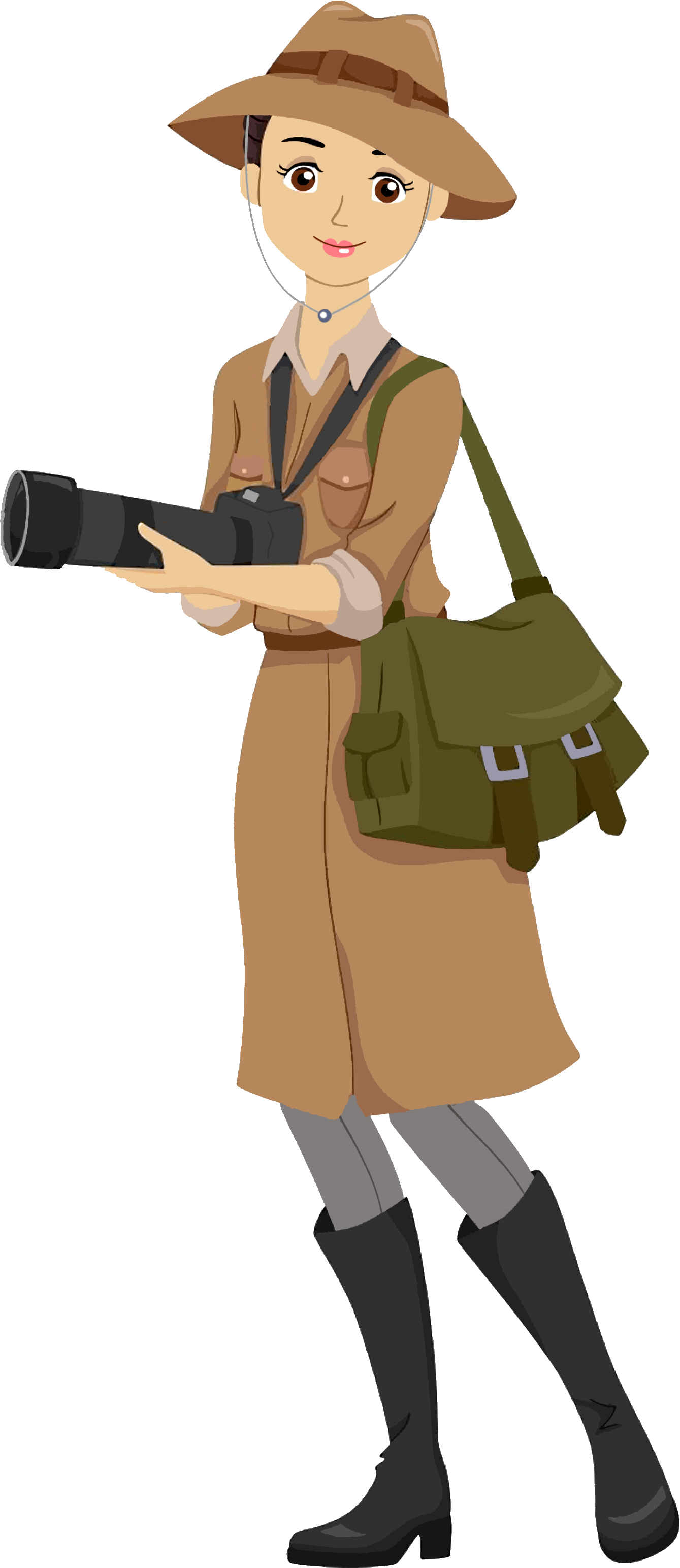 Teenage Girl Dressed In A Safari Outfit Holding A Dslr - Cartoon Safari Girl (1339x3087), Png Download