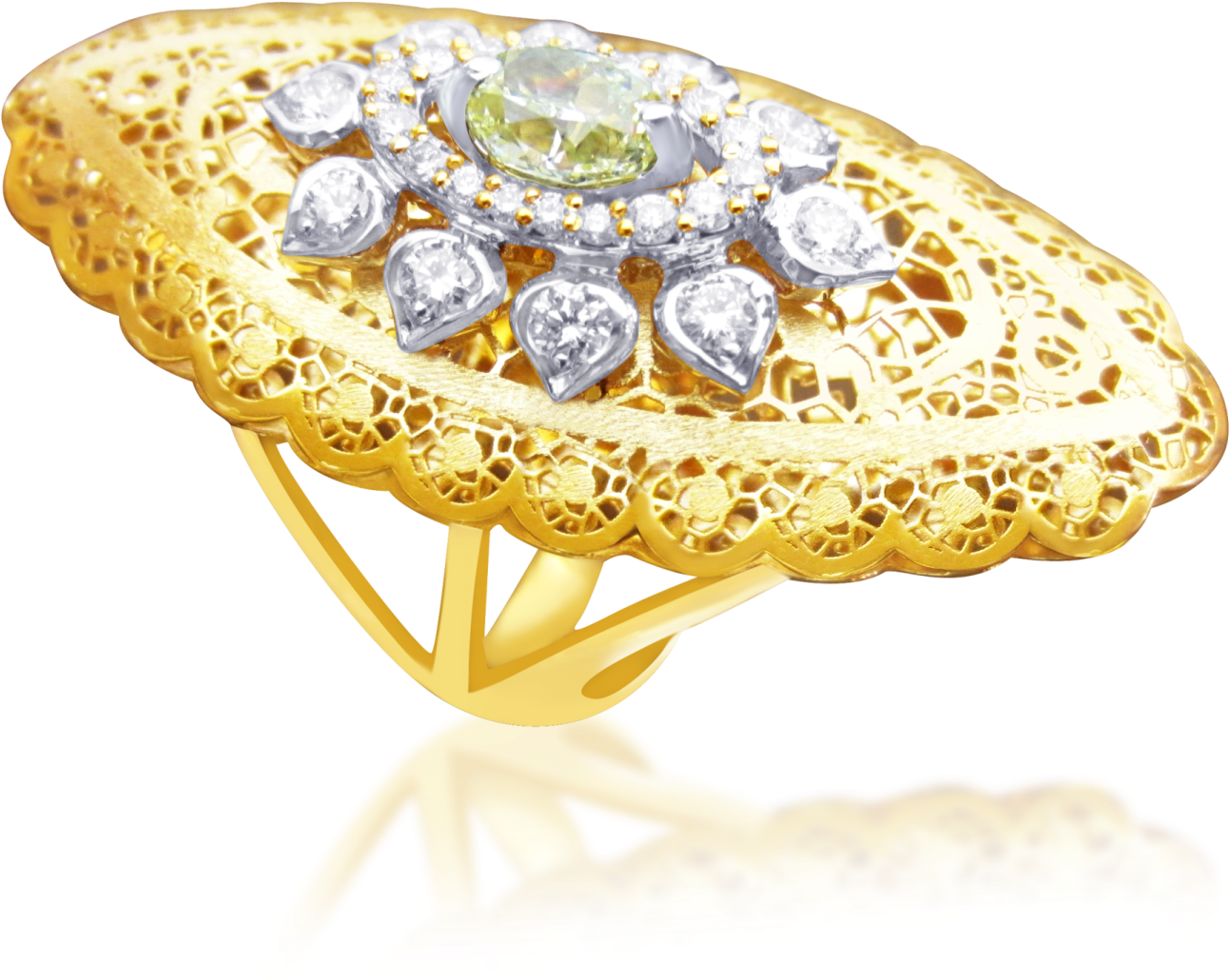 18kt Yellow Gold, Intricate Filigree Base, Round Brilliant - Gemstone (1487x1487), Png Download