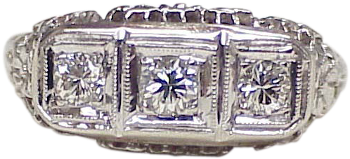 Art Deco Filigree 3 Diamond Ring - Art Deco Filigree 3 Diamond Ring .52 Ctw 14k White (497x497), Png Download