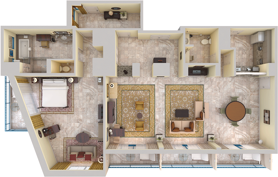 Prime Minister Suite - 3d Floor Plan Top View (1024x768), Png Download