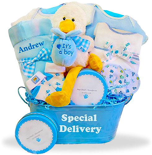 Goodies For The Little Plush Stork "it's - Personalized Baby Boy Gift Baskets (500x500), Png Download
