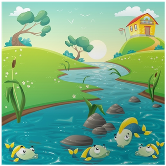 Landscape With River And Funny Fish - Fish In River Clipart (400x400), Png Download