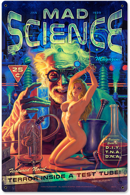 Vintage Tin Sign - Greg Hildebrandt Mad Science (480x700), Png Download