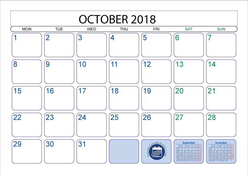 October 2018 Printable Calendar Pdf - Monthly Planner October 2018 (842x595), Png Download