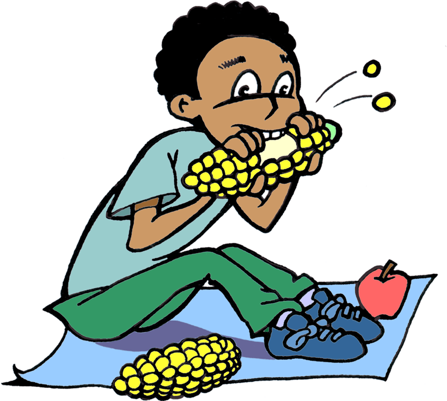 Drawing Of Boy Sitting On A Blanket And Eating Corn (1100x840), Png Download