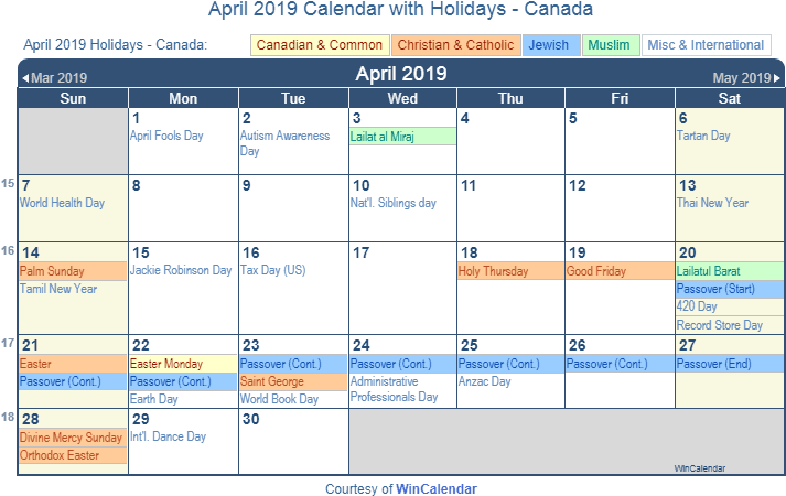 Download April 2019 Calendar Landscape - 2019 Calendar With Holidays Canada (720x462), Png Download