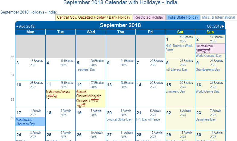September 2018 Calendar Holidays Calendar Template - September 2018 Calendar With Holidays India (829x476), Png Download