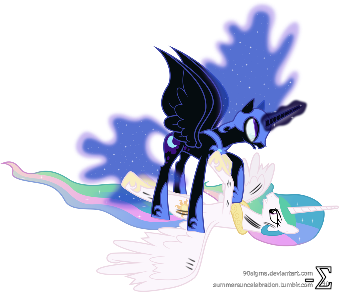 90sigma, Fight, Glowing Eyes, Magic, Nightmare Moon, - Mlp Nightmare Moon And Celestia (1151x1024), Png Download