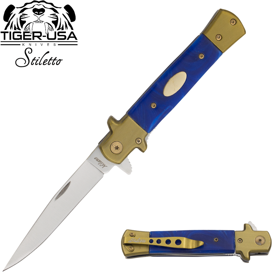 9" Tiger Blue Swirl Italian Milano Stiletto Tactical - Switchblade (1024x1024), Png Download