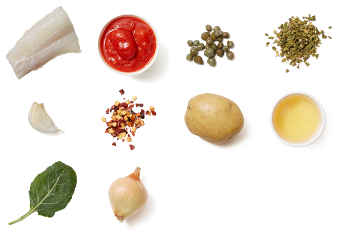 Baked Cod In Tomato Sauce With Collard Greens & Roasted - Tomato Top View Png (700x477), Png Download