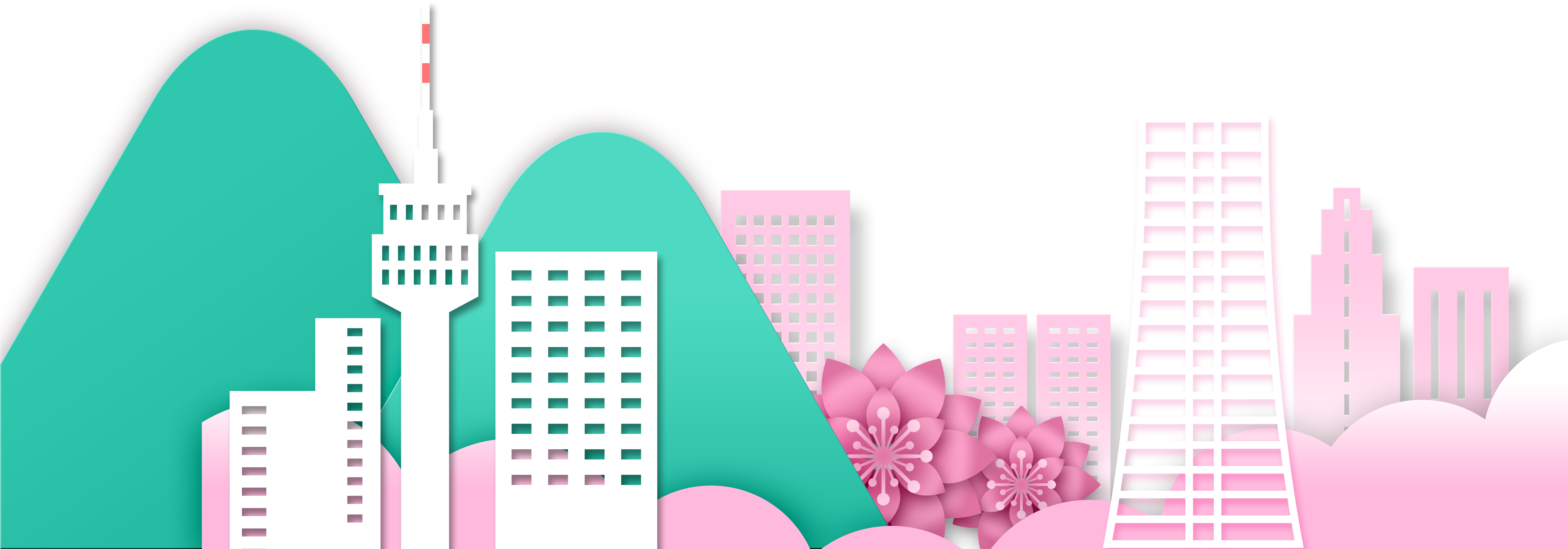 Hand Painted Cartoon Paper Cut Style City Decoration - Illustration (5748x2834), Png Download