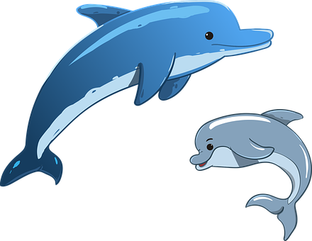 Dolphin, Sea, Animals, Mother And Child - Cartoon Dolphin (440x340), Png Download
