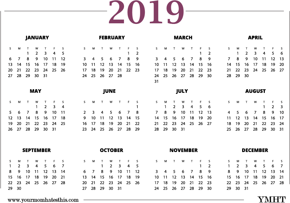 2019 Calendar Png Pink Design - Printable 2019 Calendar One Page (932x670), Png Download