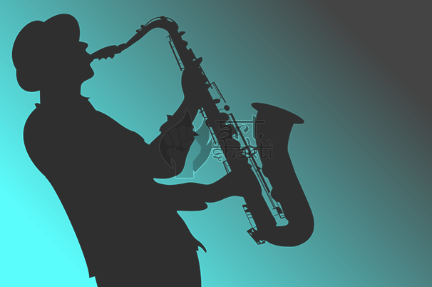 Silhouette Saxophone Player Aqua Blue Black - Saxophone (606x402), Png Download