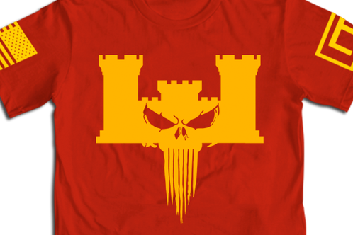 Eng Skull Gold Print W/eng E And U - Enigineer Combat T Shirt (498x332), Png Download